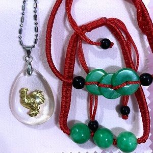 Gorgeous 24K Gold Foil Zodiac Roaster Charm Pendant Necklace Jade Bracelet